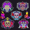 Cartoon skeletons with floral Mexico ornaments set Royalty Free Stock Photo