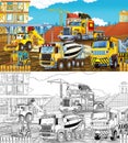 Cartoon sketch construction site with cars illustration