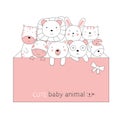 Cartoon sketch the cute baby animal with a pink envelope. Hand-drawn style