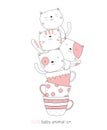 Cartoon sketch the cute cat baby animal with a cup. Hand-drawn style