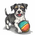 Cartoon sketch of dog playing with multicolored toy ball icon on white background Royalty Free Stock Photo