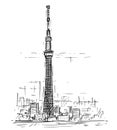 Cartoon Sketch of Tokyo Skytree tower, Japan