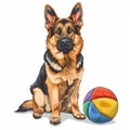 Cartoon sketch of german shepherd dog with multicolored toy ball icon on white background Royalty Free Stock Photo