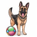 Cartoon sketch of german shepherd dog playing with colorful toy ball icon on white background Royalty Free Stock Photo