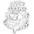 Cartoon sketch of a lions head in a crown and mantle, outline drawing, coloring, isolated object on a white background