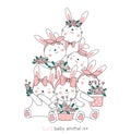 Cartoon sketch the lovely rabbit baby animals and floral. hand drawn style