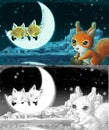 Cartoon sketch scene with animals family of foxes in forest sleeping by night illustration Royalty Free Stock Photo