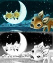 Cartoon sketch scene with animals family of foxes in forest sleeping by night illustration Royalty Free Stock Photo