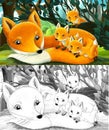 Cartoon sketch scene animals family of foxes illustration Royalty Free Stock Photo