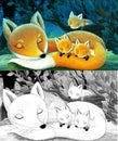 Cartoon sketch scene animals foxes in forest sleeping Royalty Free Stock Photo