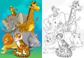 Cartoon sketch scene with different zoo animals in the forest - illustration