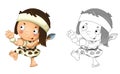 Cartoon sketch scene with happy caveman barbarian warrior with spear illustration