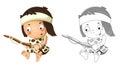 Cartoon sketch scene with happy caveman barbarian warrior with spear illustration