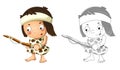 Cartoon sketch scene with happy caveman barbarian warrior with spear illustration