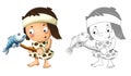 Cartoon sketch scene with happy caveman barbarian warrior with spear illustration