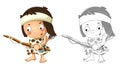 Cartoon sketch scene with happy caveman barbarian warrior with spear illustration