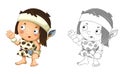 Cartoon sketch scene with happy caveman barbarian warrior with spear illustration