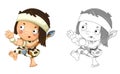 Cartoon sketch scene with happy caveman barbarian warrior with spear illustration