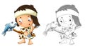 Cartoon sketch scene with happy caveman barbarian warrior with spear illustration