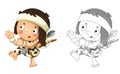 Cartoon sketch scene with happy caveman barbarian warrior with spear illustration
