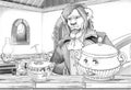 Cartoon sketch scene with old traditional kitchen with magical living dishes and enchanted prince - illustration