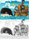 Cartoon sketch scene with pirate ship sailing through the seas