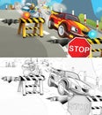 Cartoon sketch scene of police pursuit car illustration