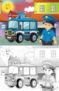 Cartoon sketch scene with policeman and police truck in the city