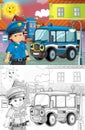 Cartoon sketch scene with policeman and police truck in the city