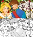 Cartoon sketch scene with prince and princess garden