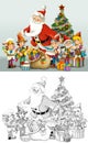 Cartoon sketch scene with santa and dwarfs illustration