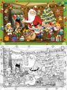 Cartoon sketch scene with santa and dwarfs in the room illustration