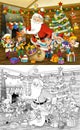 Cartoon sketch scene with santa and dwarfs in the room illustration