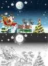 Cartoon sketch scene with santa flying with reindeers deers Royalty Free Stock Photo