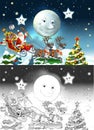 Cartoon sketch scene with santa flying with reindeers deers Royalty Free Stock Photo