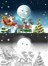 Cartoon sketch scene with santa flying with reindeers deers Royalty Free Stock Photo