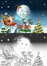 Cartoon sketch scene with santa flying with reindeers deers Royalty Free Stock Photo