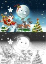 Cartoon sketch scene with santa flying with reindeers deers Royalty Free Stock Photo