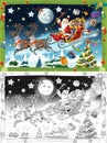 Cartoon sketch scene with santa flying with reindeers - illustration Royalty Free Stock Photo