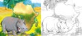 Cartoon sketch scene with wild animal by oasis hippo hippopotamus - illustration