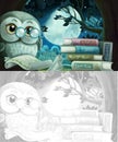 Cartoon sketch scene with wise owl in tree house learning reading books