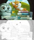 Cartoon sketch scene wise owl in tree house reading books with friends