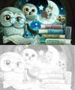 Cartoon sketch scene wise owl in tree house reading books with friends