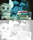 Cartoon sketch scene wise owl in tree house reading books with friends