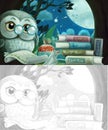 Cartoon sketch scene wise owl in tree house reading books with friends