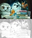 Cartoon sketch scene wise owl in tree house reading books with friends