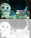 Cartoon sketch scene wise owl in tree house reading books near the city