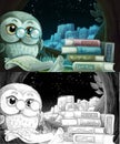 Cartoon sketch scene wise owl in tree house reading books near the city