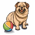 Cartoon sketch of small red dog playing with multicolored toy ball icon on white background Royalty Free Stock Photo