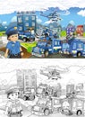 Cartoon sketch stage with different machines for police duty Royalty Free Stock Photo